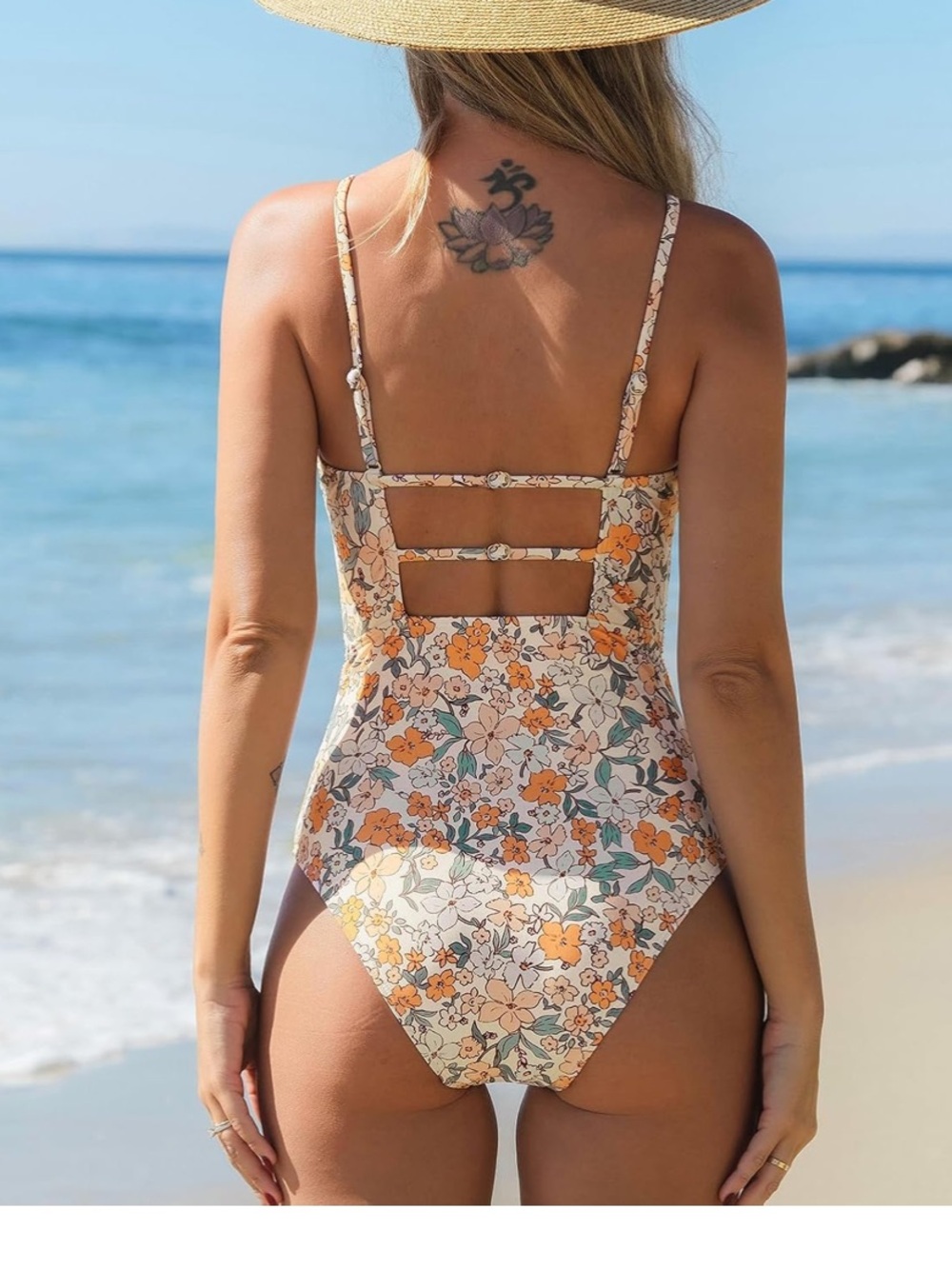 Cupshe Orange and Cream Retro Floral One-Piece Swimsuit with Back Cutouts L